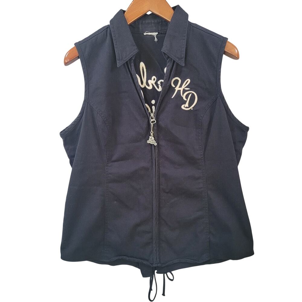 Harley Davidson Lace Up Back Biker Vest Black Embroidered Wings Moto Medium